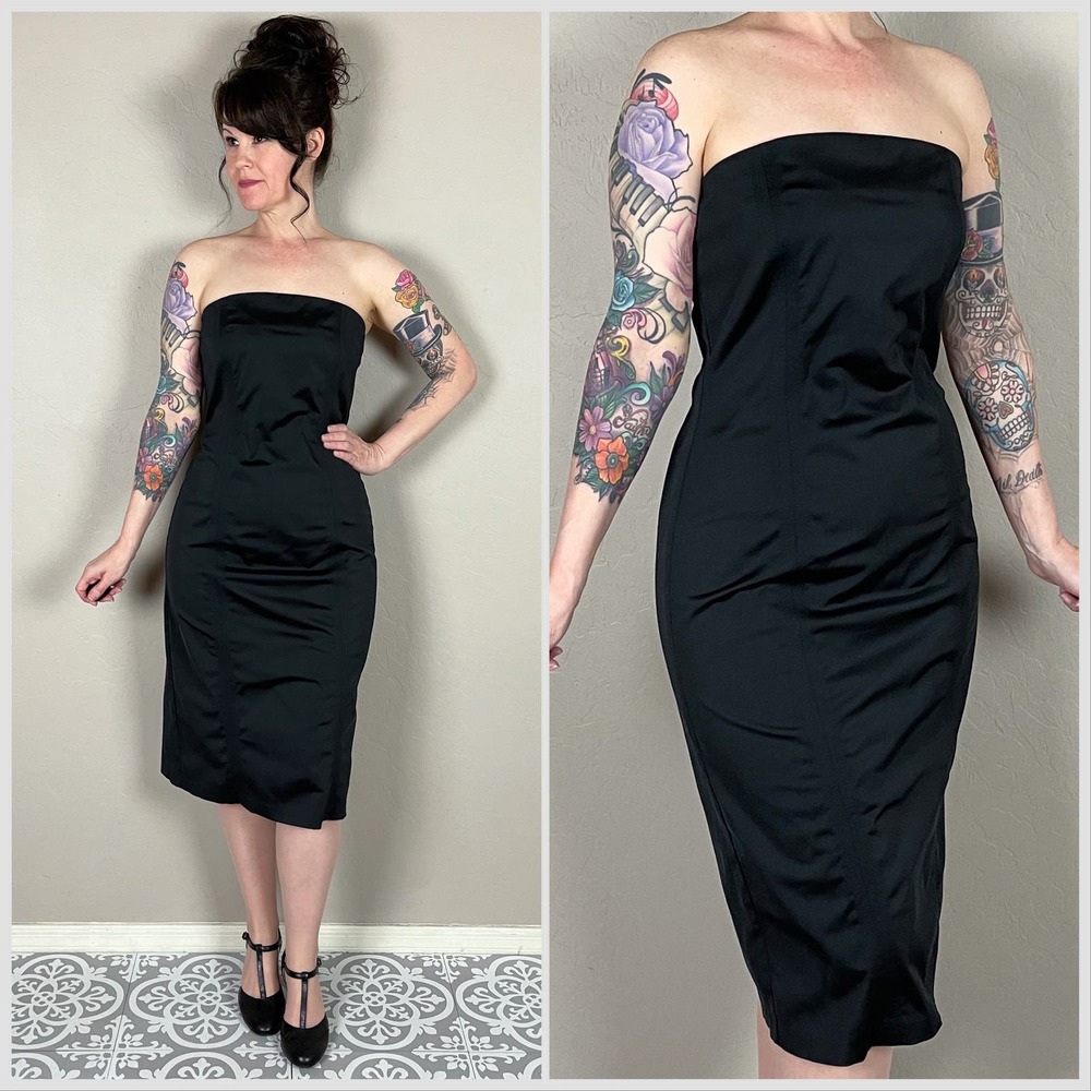 Vintage Y2K Black Strapless Midi Sheath Dress